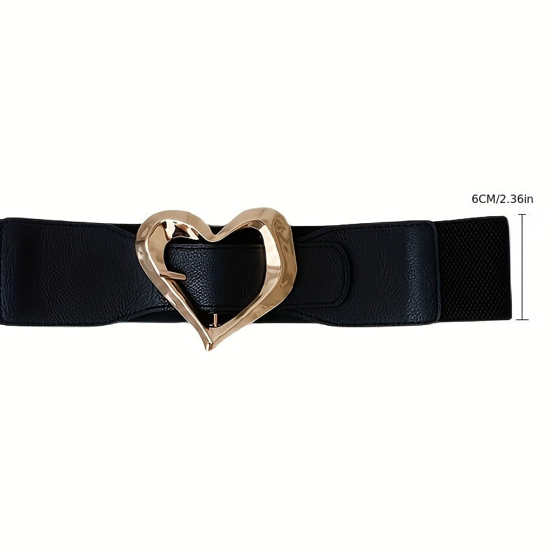 Golden Heart Buckle Wide Belt Elastic Waistband for Women