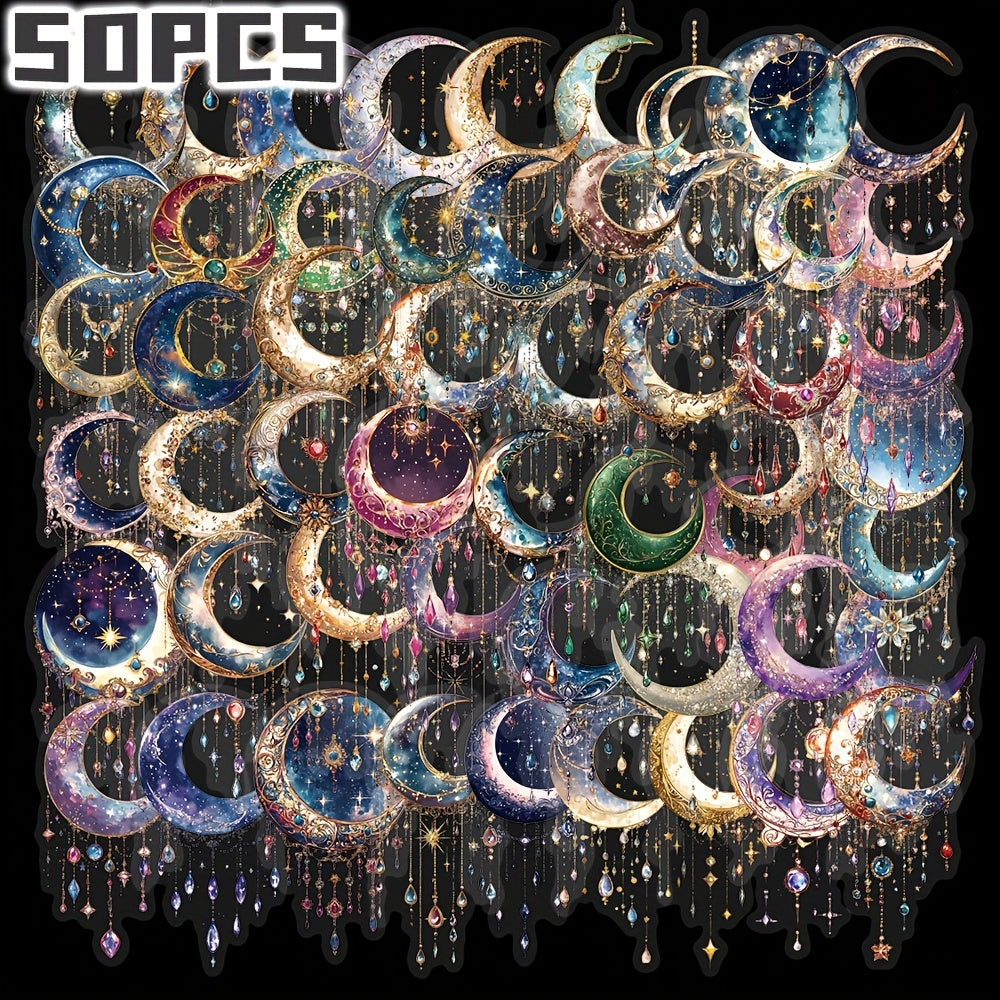 50pcs Crescent Moon Stickers with Stars Gemstones & Glitter for Laptops Water