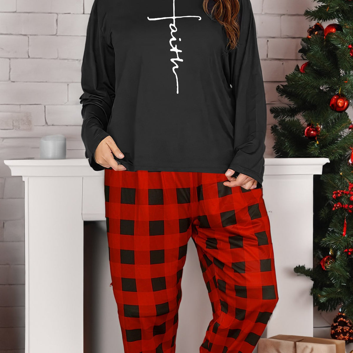  Cross Graphic Tee & Plaid Pants Pajamas Set