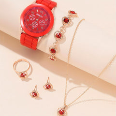 Silicone Quartz Watch & Heart Rhinestone Jewelry Set for Students