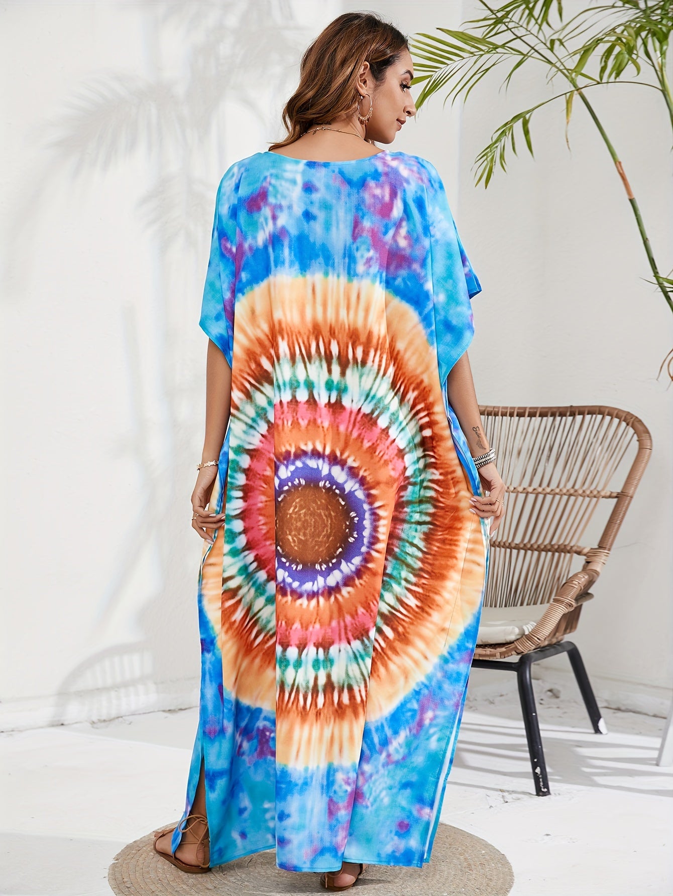  Boho Tie Dye Batwing Sleeve V Neck Maxi Cover Up