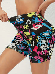 Graffiti Print Yoga Sports Shorts High Waist Running Shorts
