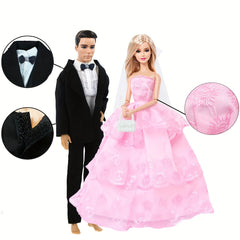 6pcs Wedding Doll Outfit Set for 11.5" Dolls with Pink Dress & Suit Jacket