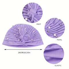 Faux Pearl Decor Turban Pleated Chemo Cap Hat