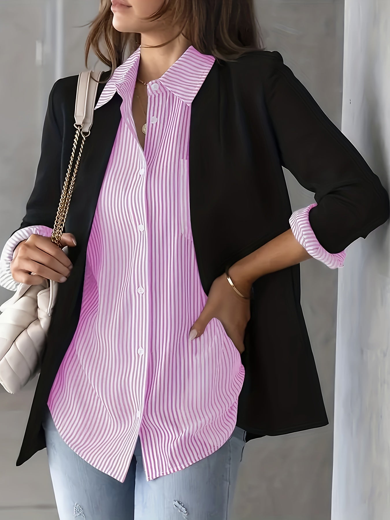  Stripe Print Button Up Long Sleeve Blouse