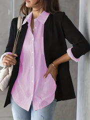  Stripe Print Button Up Long Sleeve Blouse