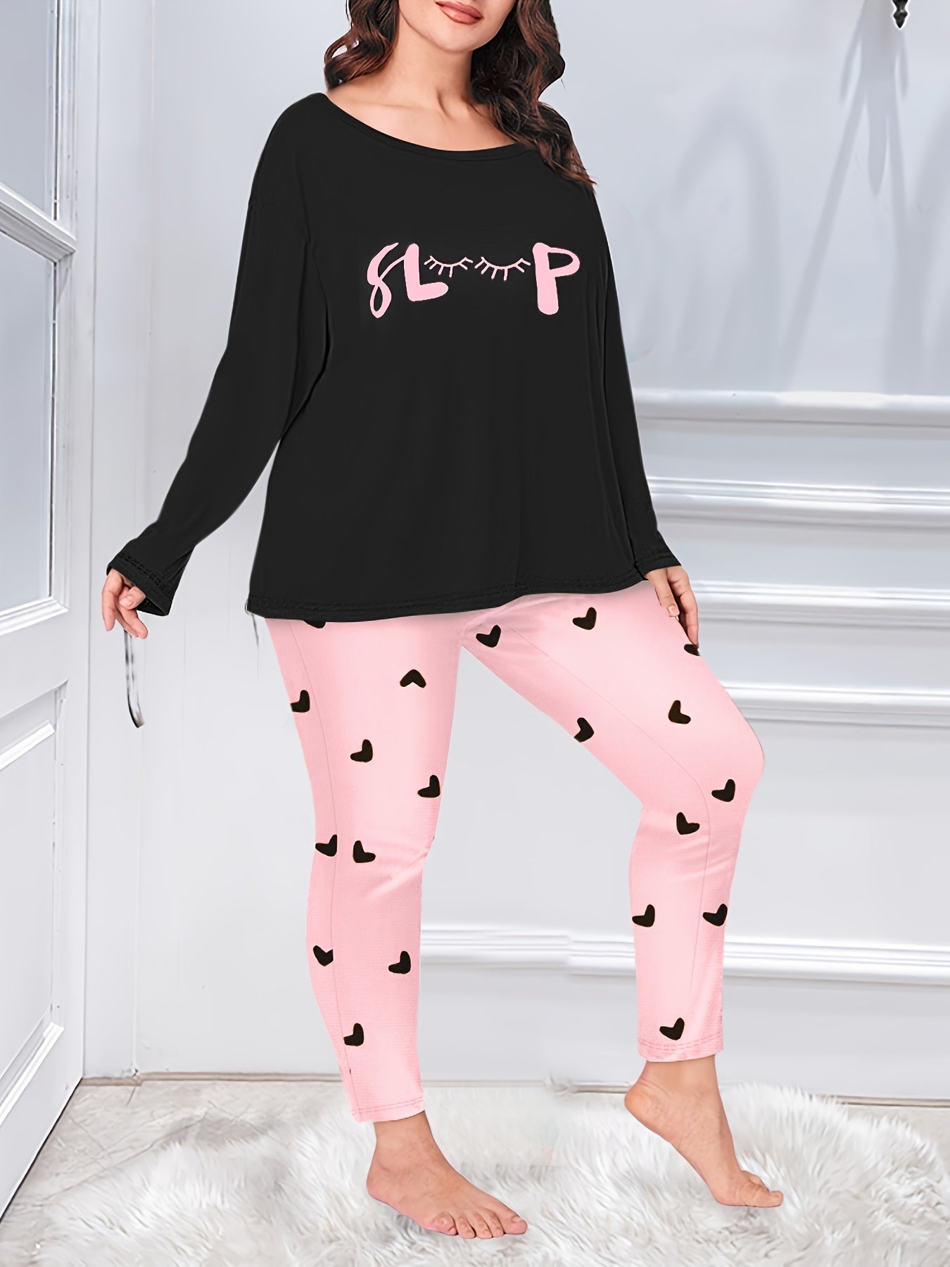  Eyelash & Heart Print Tee & Leggings Pajama Set