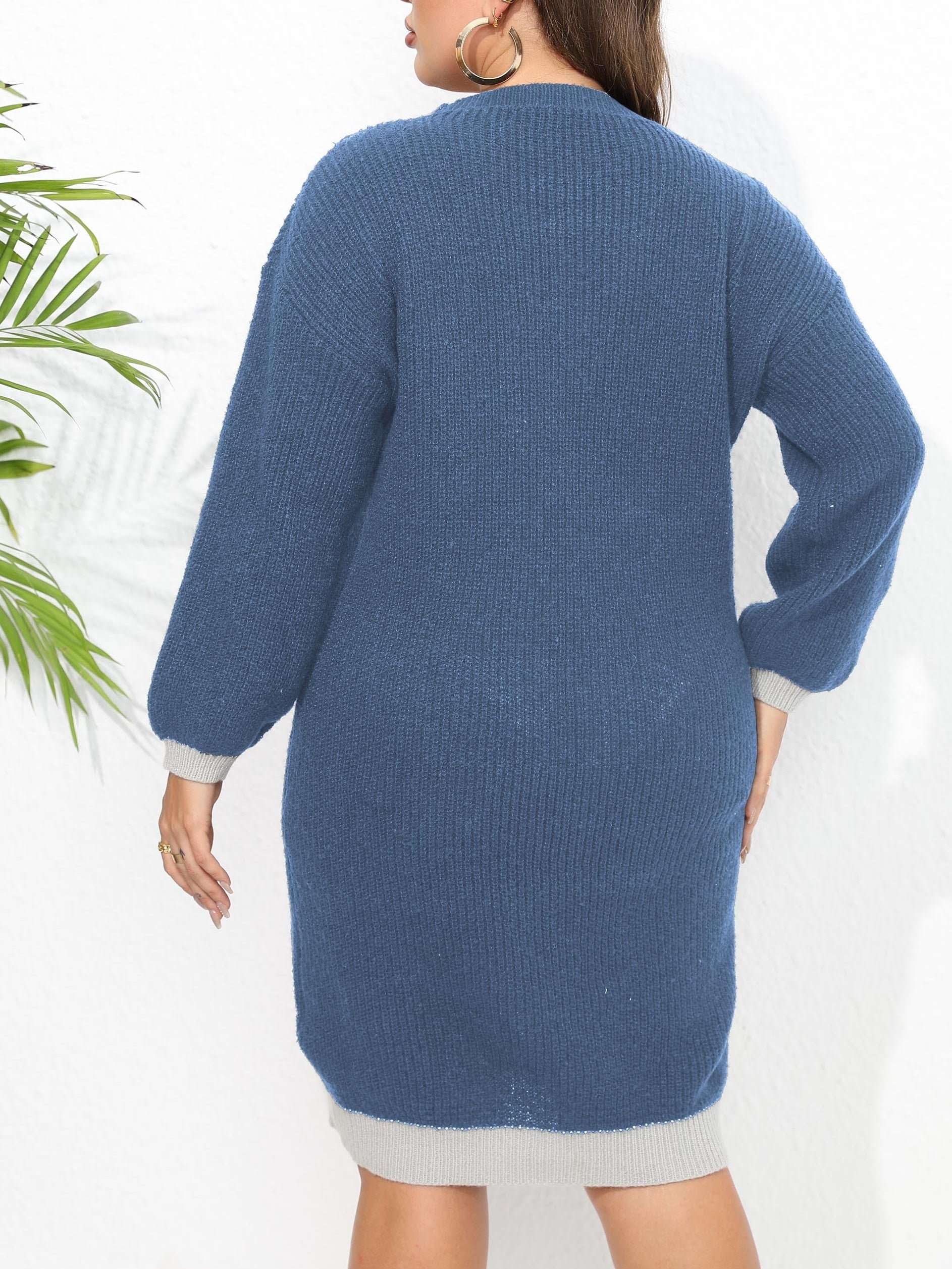  Colorblock Lantern Sleeve V Neck Midi Sweater Dress
