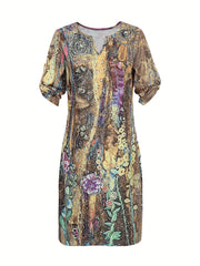  Casual Dress Women's Plus Painting Print Roll Up Sleeve Dress