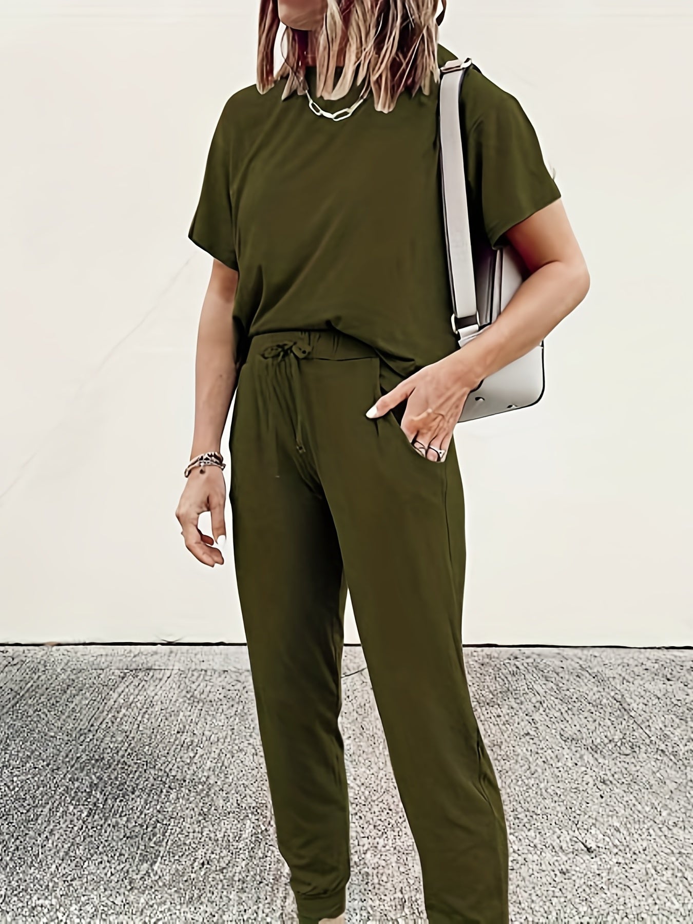 Casual Two-Piece Set Crew Neck Short Sleeve Tops & Drawstring
