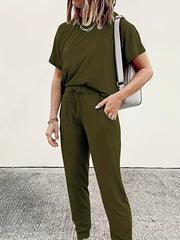 Casual Two-Piece Set Crew Neck Short Sleeve Tops & Drawstring