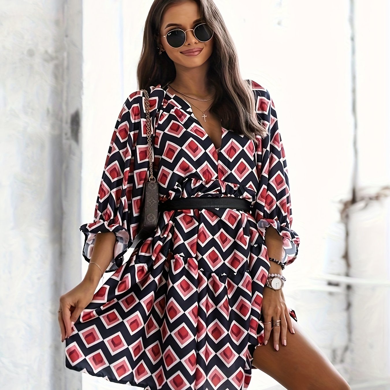  Geometric Print V Neck Dress with Half Sleeves