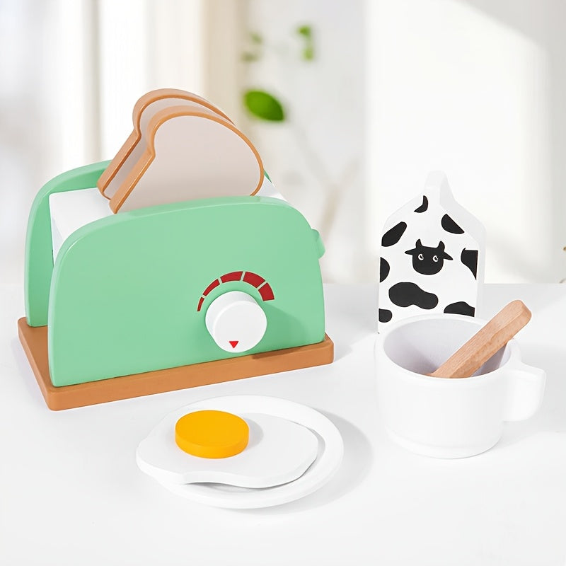 Wooden Kitchen Toy Pop Up Bread and Butter Toaster Set Play Bread Maker Kitchen