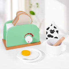 Wooden Kitchen Toy Pop Up Bread and Butter Toaster Set Play Bread Maker Kitchen