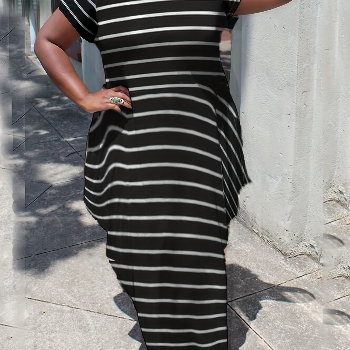  Stripe Print Short Sleeve Maxi Dress