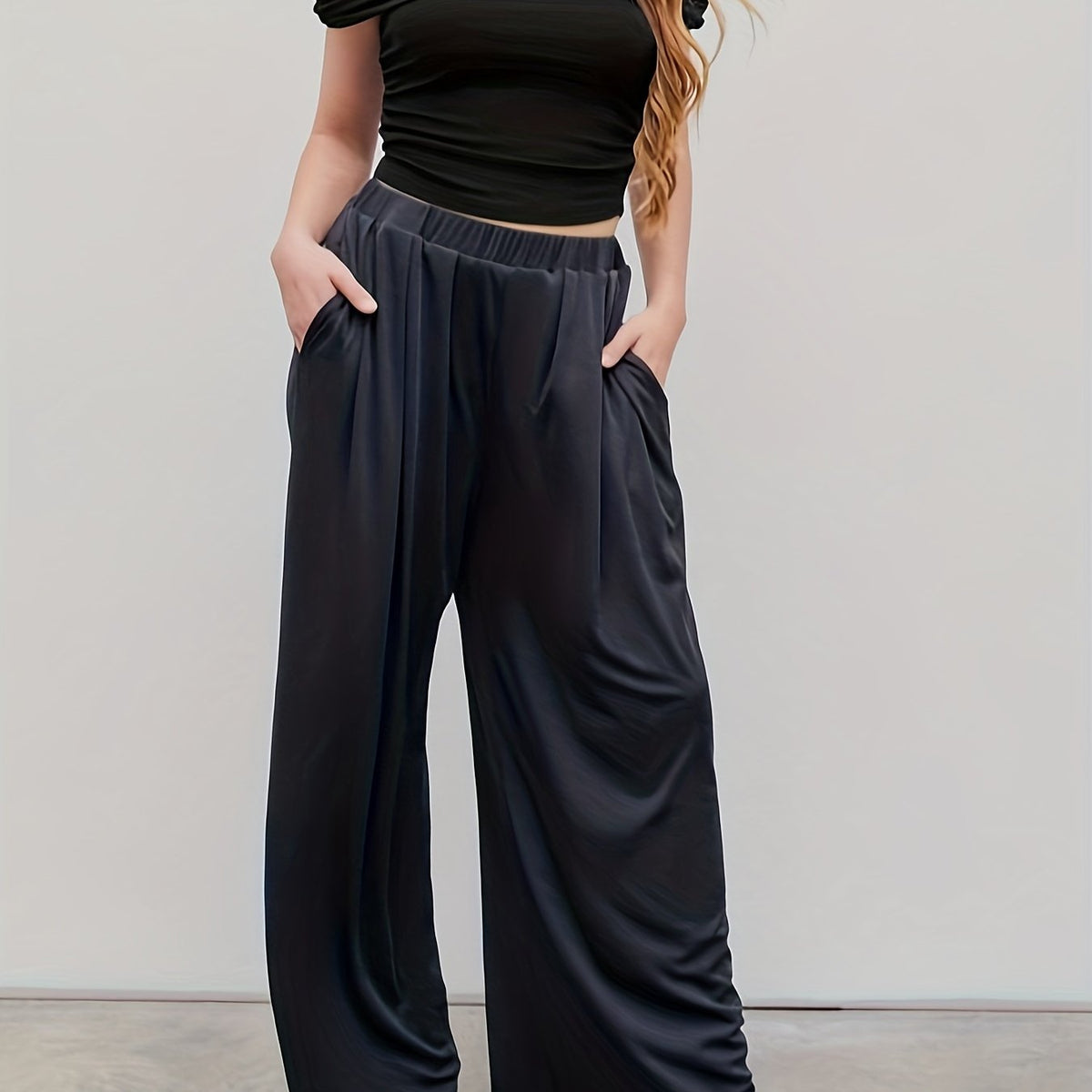  Wide Leg Trousers Elastic High Rise Stretch Pants