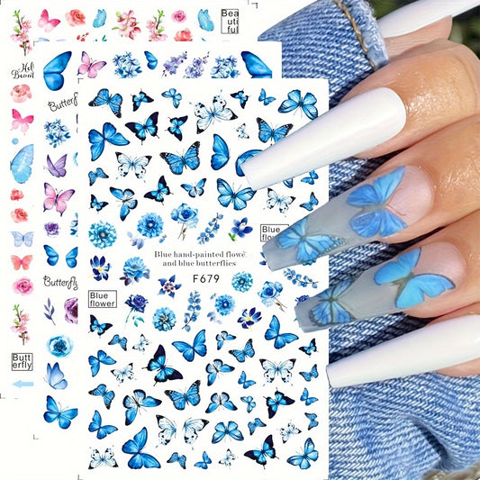 6pcs Butterfly Nail Art Stickers Floral Designs Self-Adhesive Nail Decorations