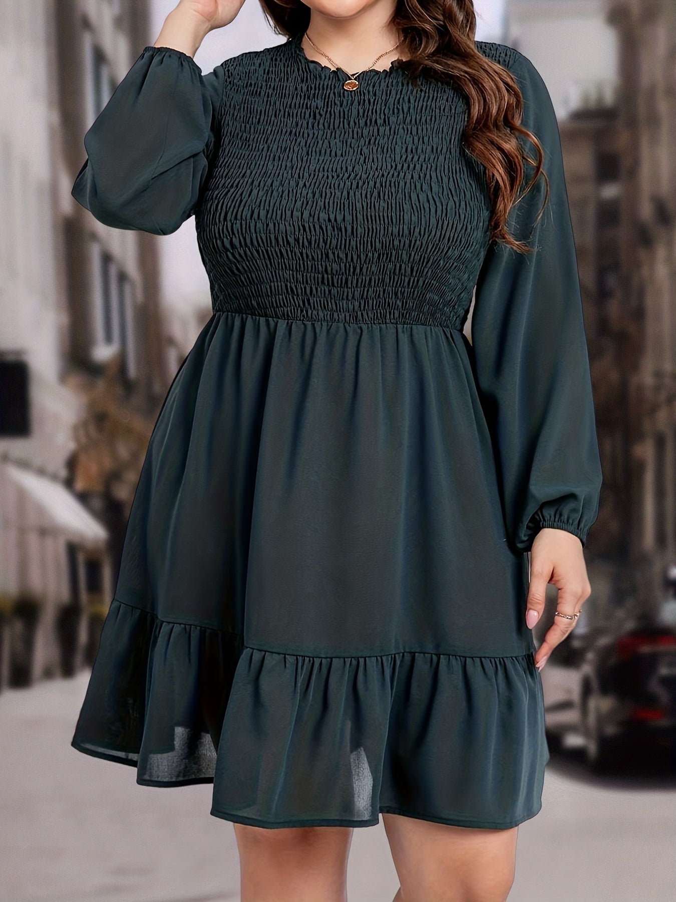 Plus Size Women's Solid Long Sleeve Smock Dress