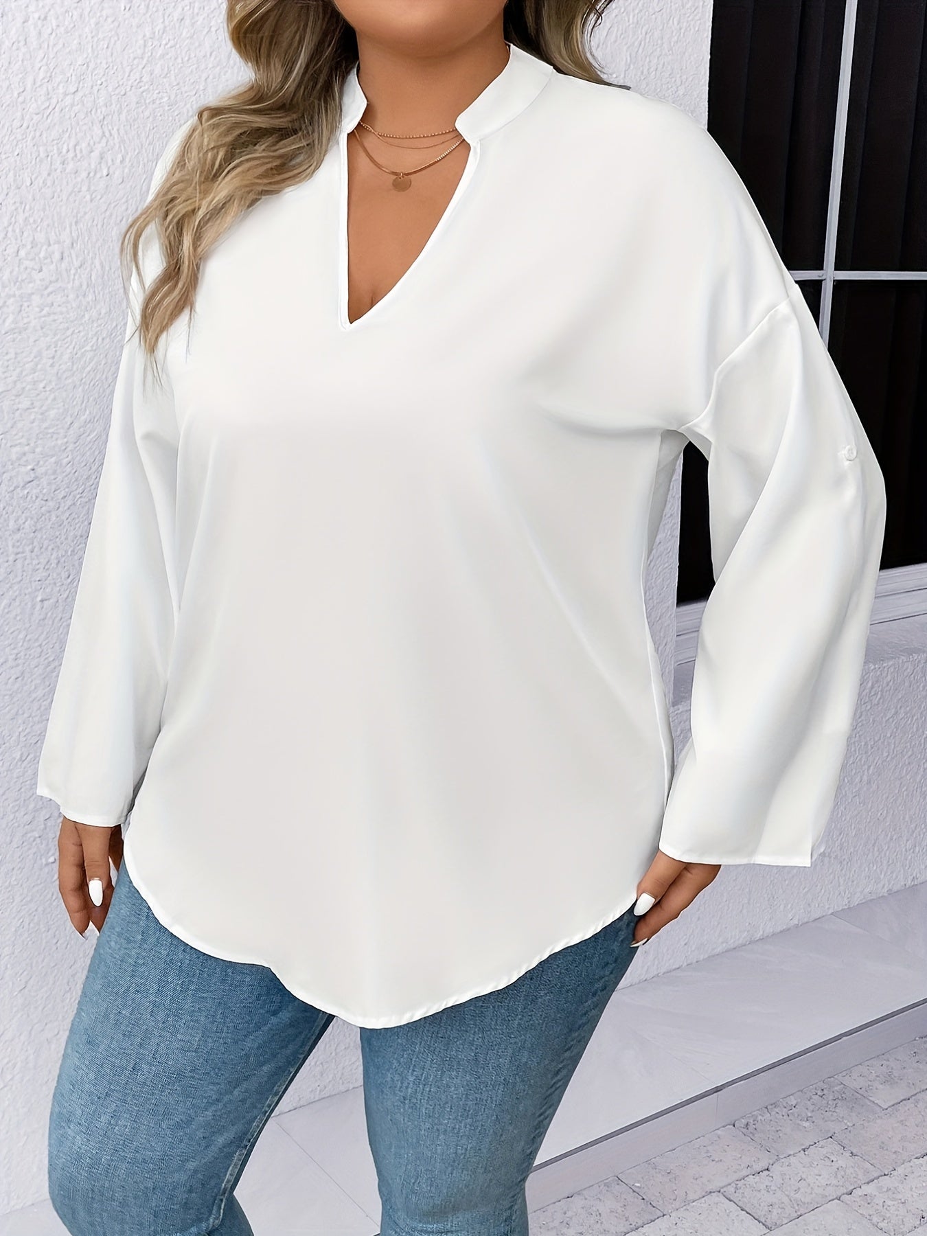  Solid Roll Up Sleeve Notched Neck Tunic Top