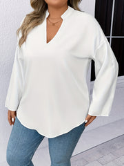  Solid Roll Up Sleeve Notched Neck Tunic Top