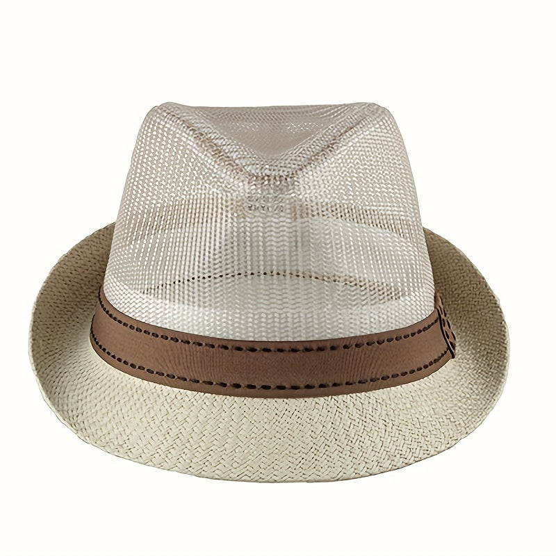 Beige Fedora Cap Mesh Breathable Short Brim Jazz Hat Lightweight Sun Hat