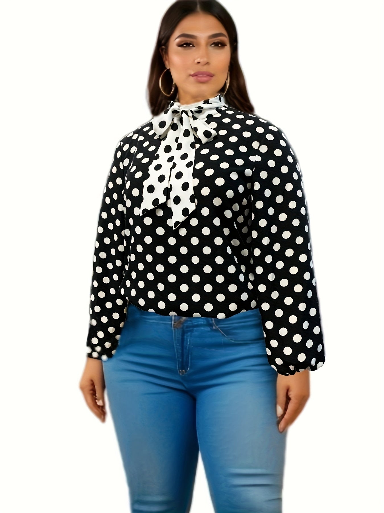  Colorblock Dot Print Lantern Sleeve Top