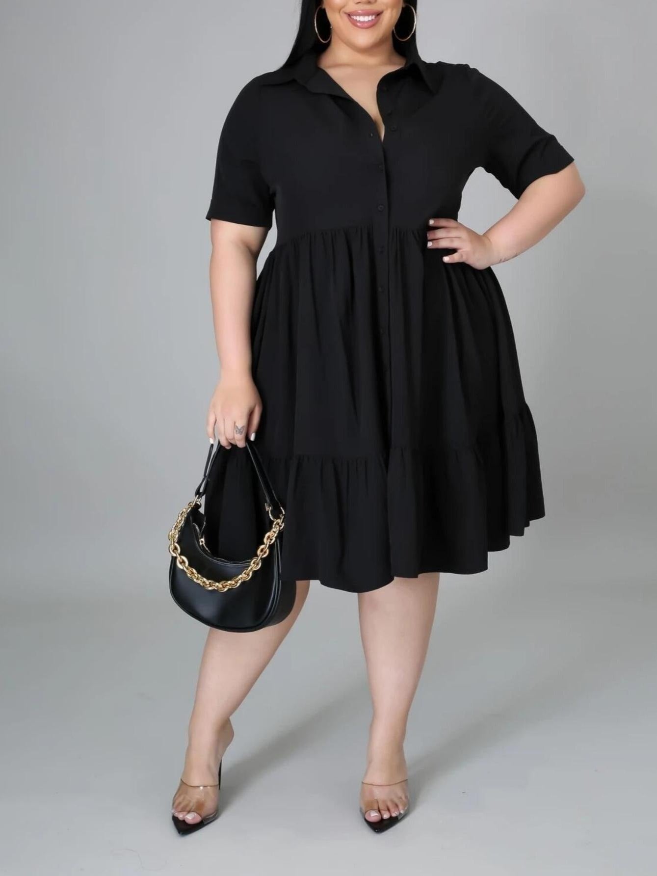 Solid Casual Knee Length Ruffle Dress Spring Fall Dress