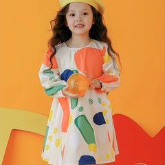 Girls' Boho Fresh Cartoon Printed Dress for Spring and Autumn