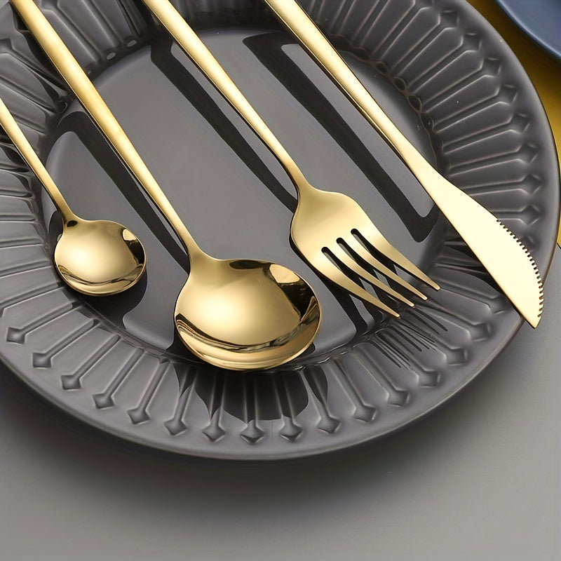 24 Pcs Golden Stainless Steel Cutlery Set Mirror Flatware Portuguese Spoon