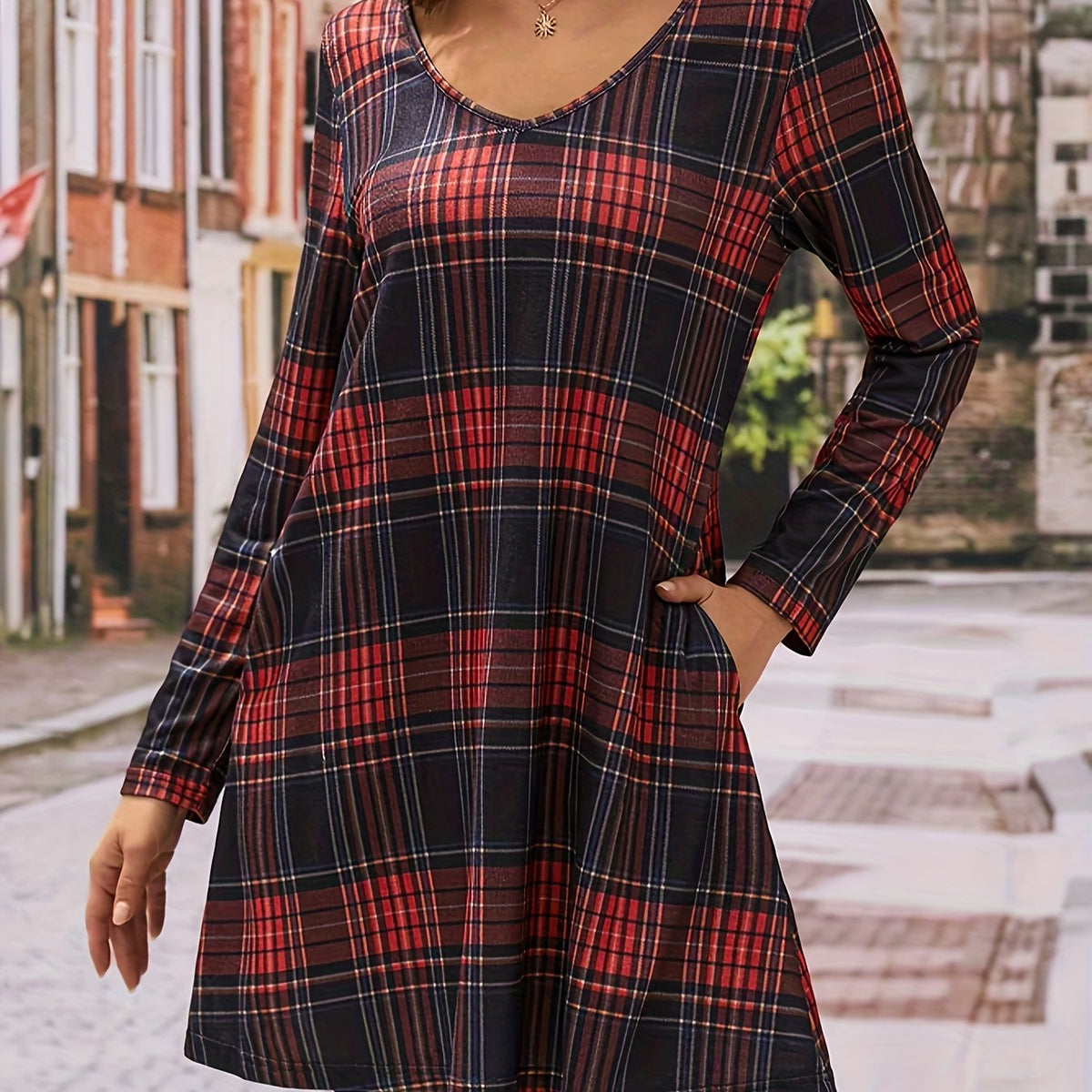  Plaid Print V Neck Mini Dress With Pockets