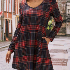  Plaid Print V Neck Mini Dress With Pockets