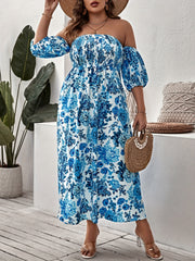 Plus Floral Print Strapless Maxi Summer Dress With Arm Sleeves