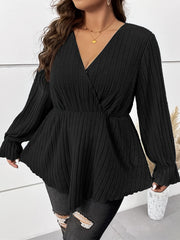  Solid Flounce Sleeve Ribbed Knit Peplum Top