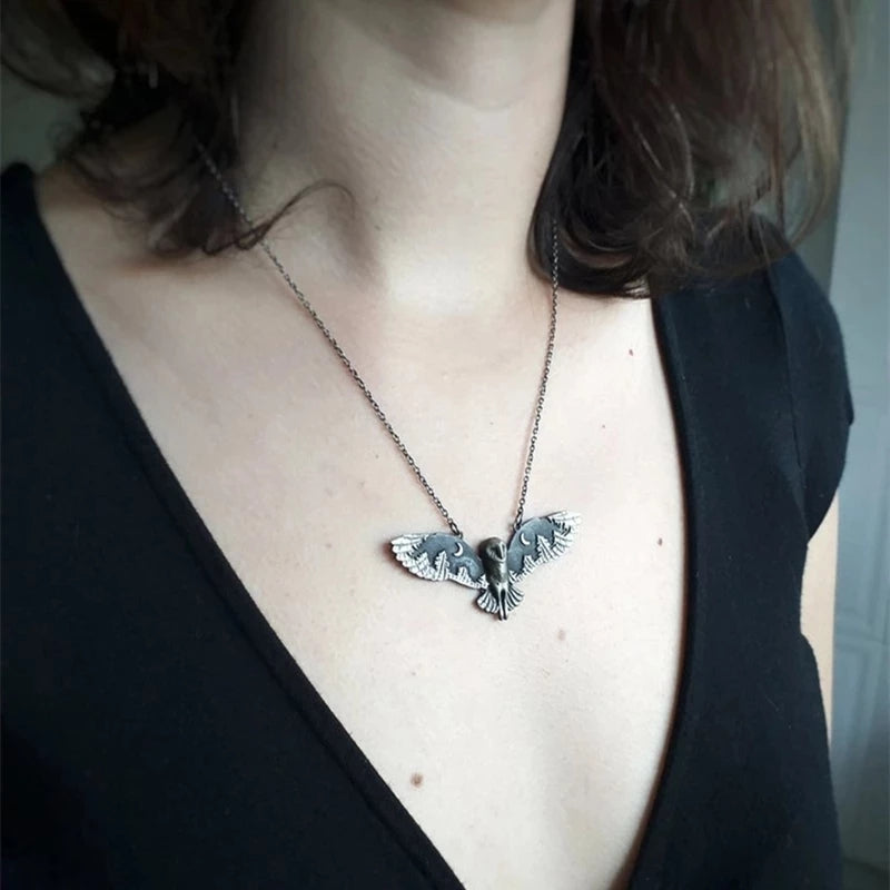 Vintage Silver Owl Pendant Necklace with Floating Charms
