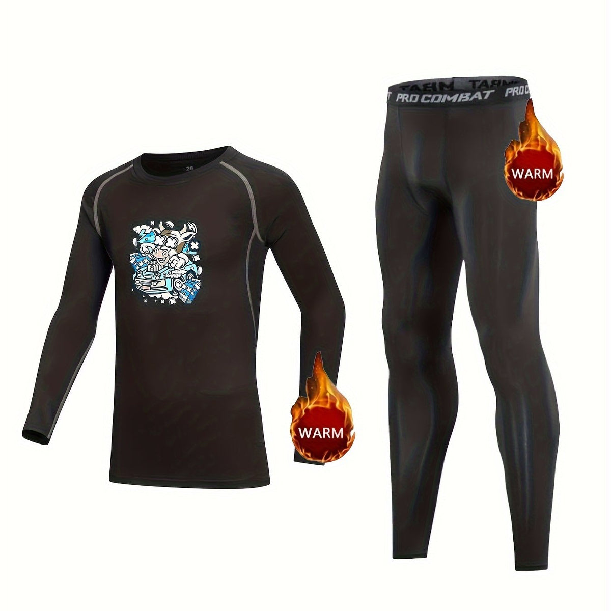 Kids Compression Fleece Set Cartoon Cow Pattern Long Sleeve Crew Neck Pullover