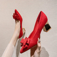 Chunky Heeled Pumps Bowknot High Heels Wedding Dress Shoes
