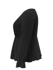  Solid Flounce Sleeve Ribbed Knit Peplum Top