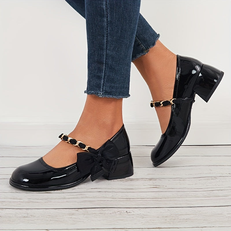 Women's Bowknot Mary Jane Chain Strap Round Toe Chunky Low Heels