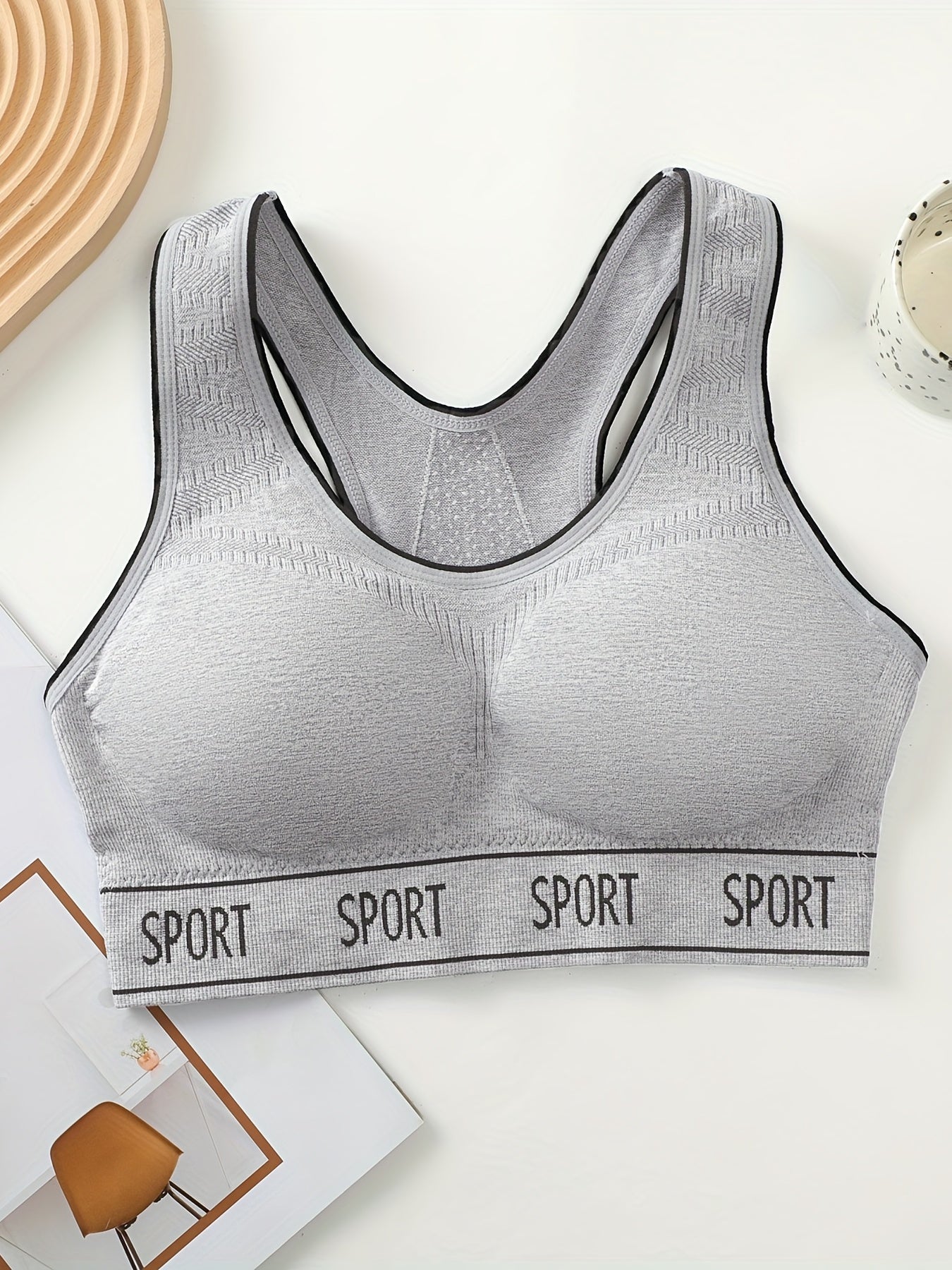  Casual Sports Bra Women's Plus Letter Tape Solid Round Neck