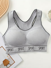  Casual Sports Bra Women's Plus Letter Tape Solid Round Neck