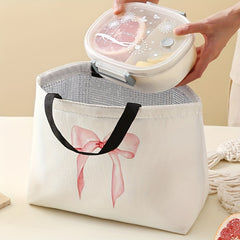 Pink Bow Print Lunch Bag Insulated Reusable Leak Proof Thermal Tote