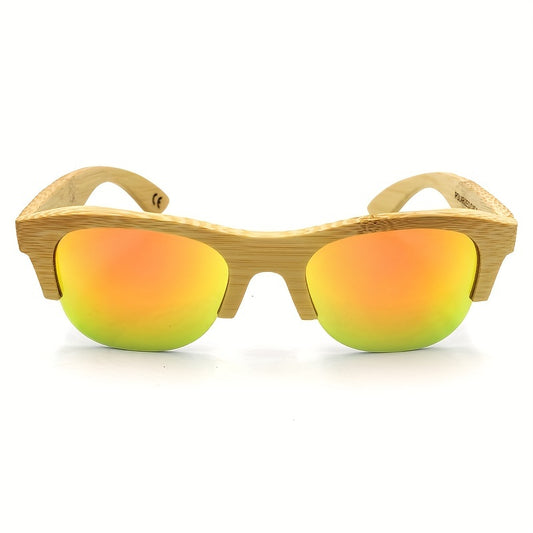 Retro Bamboo Temple Semi Rimless Sunglasses UV400 Sun Shades