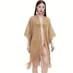 Solid Tassel Shawl Bikini Cover Up Women Sunscreen Cape Cardigan