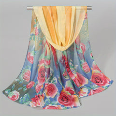Rose Print Chiffon Scarf Thin Silk Wrap Hijab Sunscreen Shawl