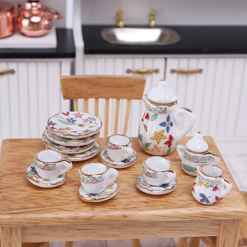 Miniature Tea Set for Dollhouse Decor, Tiny Cups & Teapot, Garden Scenes