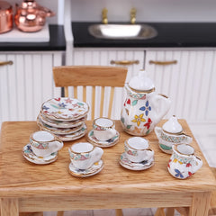 Miniature Tea Set for Dollhouse Decor, Tiny Cups & Teapot, Garden Scenes