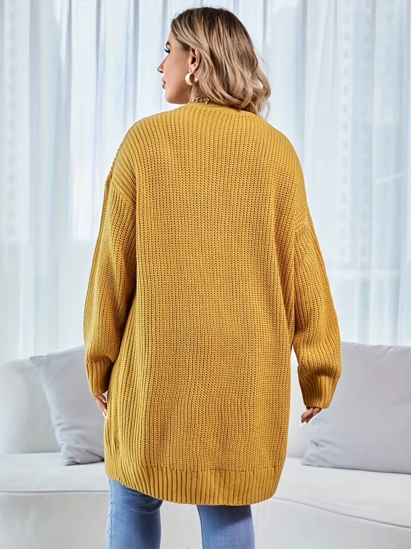  Casual Cardigan Women's Plus Solid Jacquard Long Sleeve Knit Cardigan