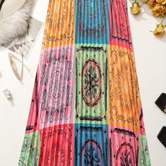  Patchwork Print Elastic High Rise Pleated Maxi Skirt