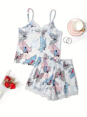 Butterfly Print Pajama Set V Neck Cami Top & Lace Trim Shorts