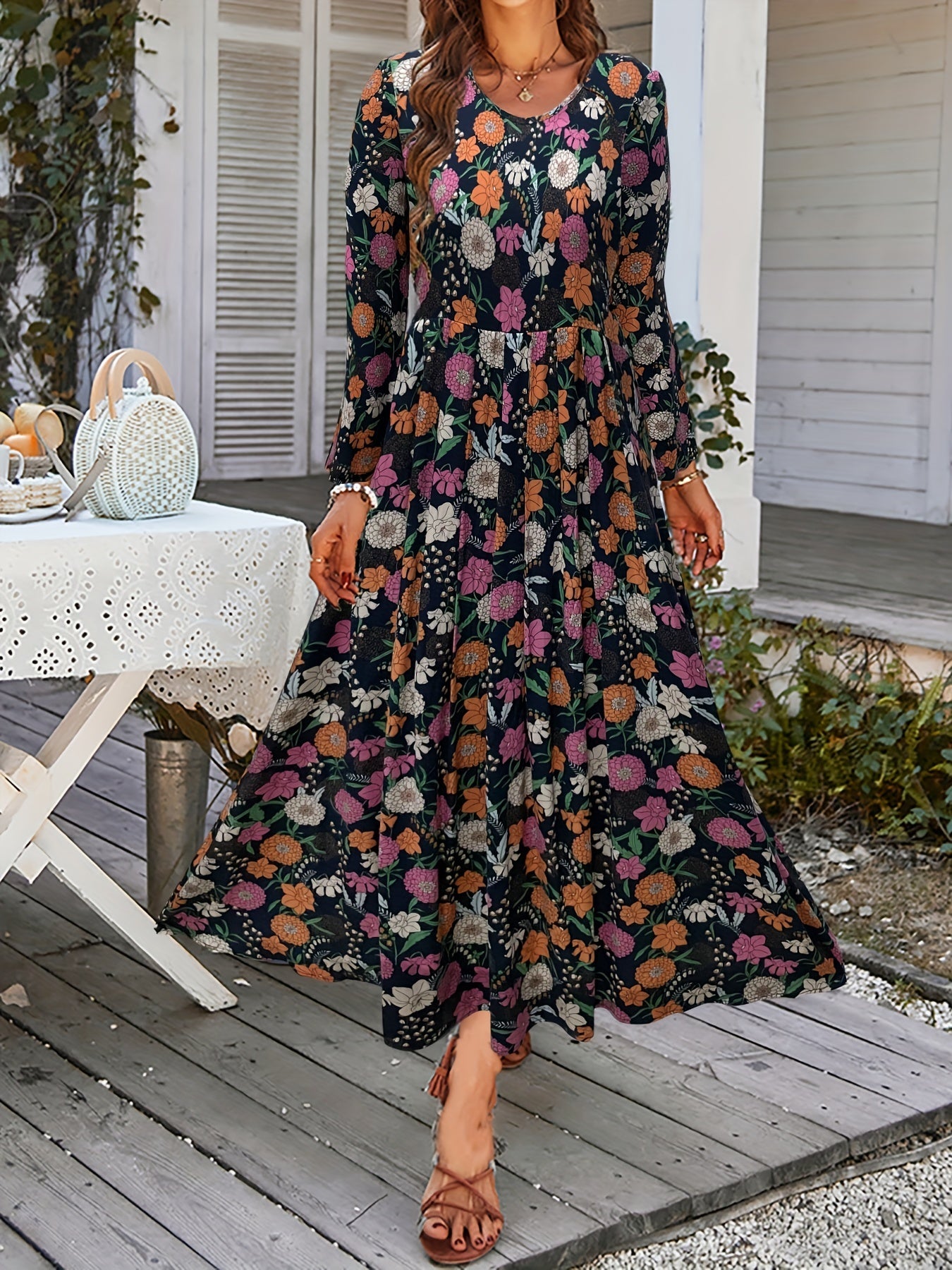 Floral Print Long Sleeve Maxi Dress